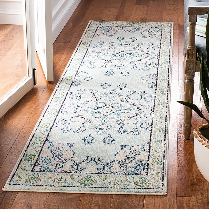 SAFAVIEH Monaco Collection Runner Rug - 2'2" x 8', Light Blue & Ivory, Boho Chic Medallion Distressed Design, Non-Shedding & Easy Care, Ideal for High Traffic Areas in Living Room, Bedroom (MNC243K)
