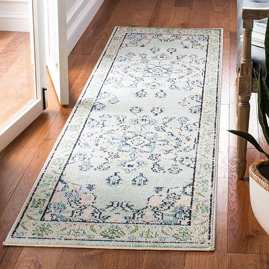 SAFAVIEH Monaco Collection Runner Rug - 2'2" x 8', Light Blue & Ivory, Boho Chic Medallion Distressed Design, Non-Shedding & Easy Care, Ideal for High Traffic Areas in Living Room, Bedroom (MNC243K)