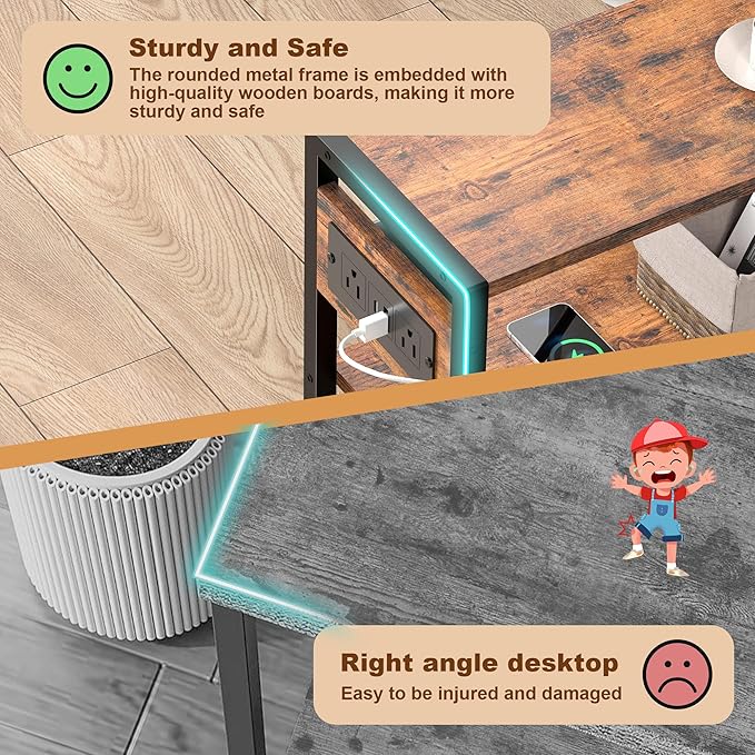 Small Narrow Side Table with Charging Station, Skinny End Table for Small Spaces, Slim Nightstand with Outlets, Sofa Bedside Table in Living Room, Bedroom, Study, Kitchen and Balcony (Rustic Brown)