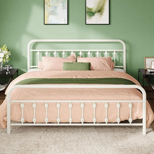 Allewie 14 Inches King Size Metal Platform Bed Frame with Victorian Style Iron-Art Headboard/Footboard, Mattress Foundation, Easy Assembly, Under Bed Storage, No Box Spring Required, White