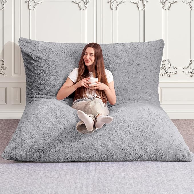 HABUTWAY 4 in 1 Bean Bag Chair, Giant Memory Foam Filling Bean Bag Sofa, Adult Bean Bag Chair, Machine Washable Faux Fur Cover, Bean Bag for Adult (Light Grey)