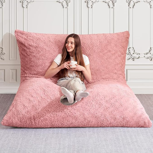 HABUTWAY 4 in 1 Bean Bag Chair, Giant Memory Foam Filling Bean Bag Sofa, Adult Bean Bag Chair, Machine Washable Faux Fur Cover, Bean Bag for Adult (Pink)