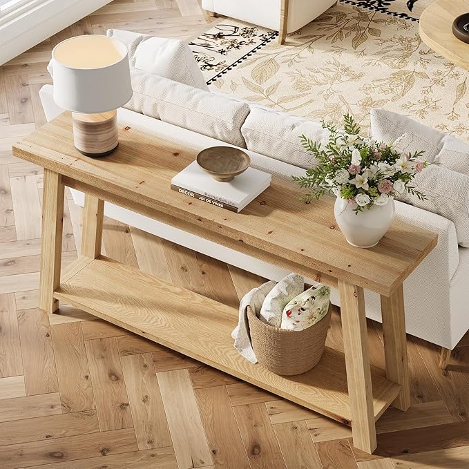 LITTLE TREE 70.9" Solid Wood Console Table for Entryway, 2-Tier Sofa Table Behind Couch, Farmhouse Entryway Table for Living Room, Bedroom, Foyer