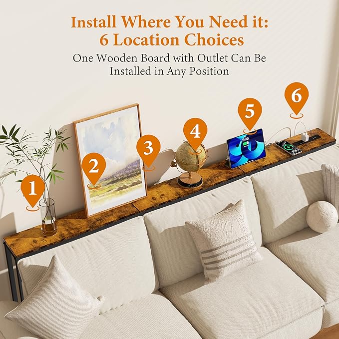 GRLEAF L Shaped Narrow Console Table with Outlet, 70" Sofa Tables Narrow Long, Behind Couch Table, Skinny Entryway Tables with Charging Station,for Living Room,Hallway (Rustic Brown,70IN)