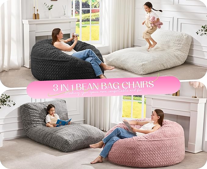 Hobestluk Bean Bag Chair Convertible Beanbag Chairs for Adults, 3 in 1 Bean Bags with Plush Chevron Cover, Adult Bean Bag Chair for Living Room, Bedroom (Pink, Queen)