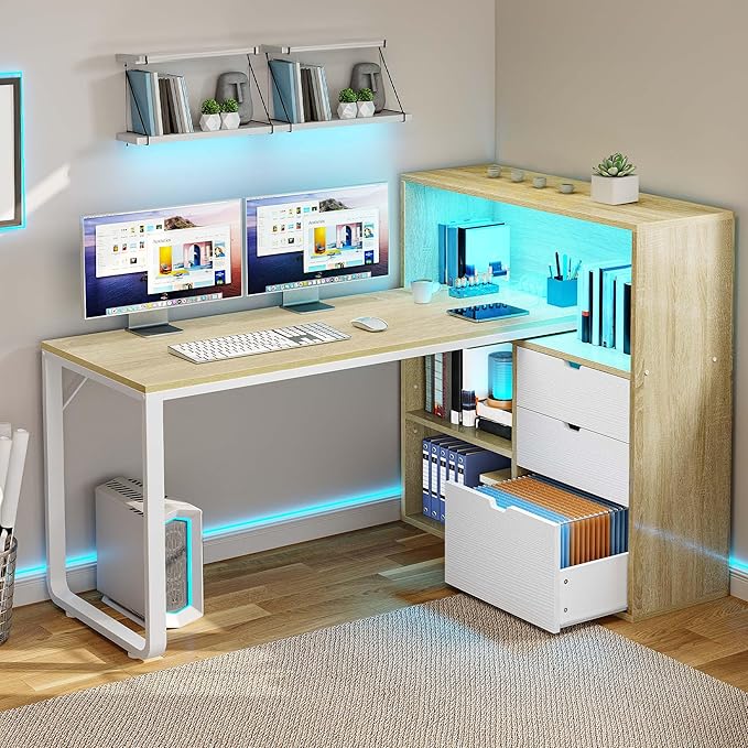 DWVO L Shaped Desk with Drawers, 55" Corner Computer Desk with Bookshelf & Power Outlets & LED Lights, Home Office Desk with Storage Shelves, Oak & White