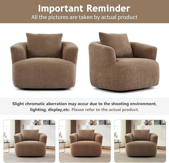 Merax Modern Cozy Chenille 360° Swivel Sofa Chair with a Throw Pillow, 38.2" Upholstered Leisure Barrel Accent Armchair with Deep Seating for Living Room Bedroom,Office, Hotel, Dark Brown