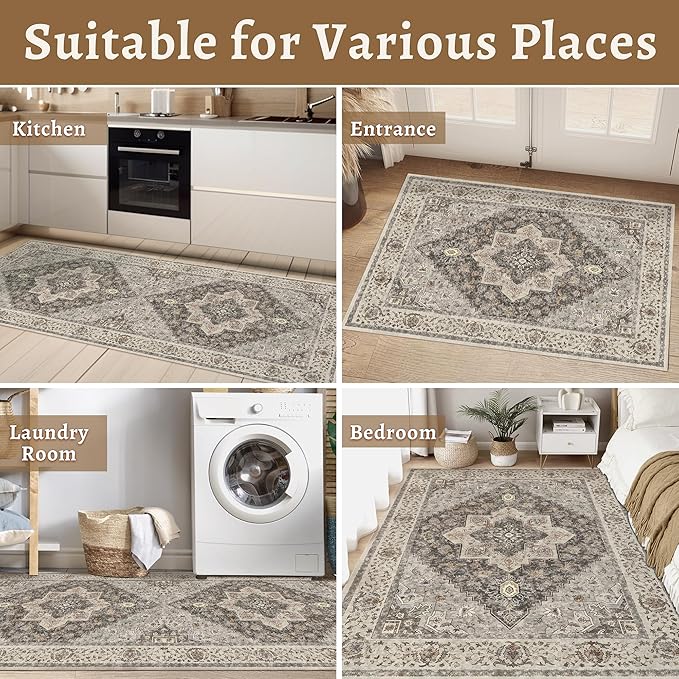 Tangsoo 2x5 Washable Runner Rug for Hallways, Non Slip Vintage, Soft Low Pile Long Runner, Print Distressed Brown/Grey Runners for Kitchen Bedroom Entryway Bathroom Living Room