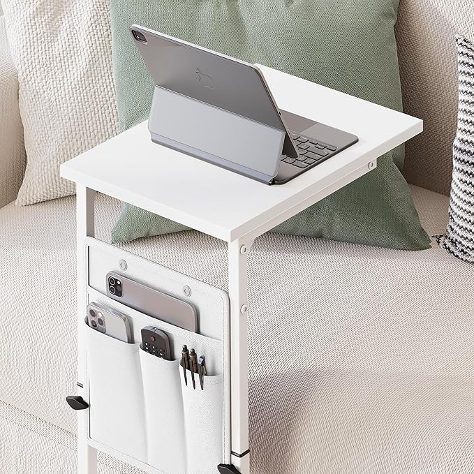 Vagusicc C Shaped End Table, 33" Tall Side Table for Couch, Adjustable Height Recliner Table Small Couch Side Tables, Sofa Tables Slide Under Sofa TV Tray Arm C Table for Living Room, Bedroom, White