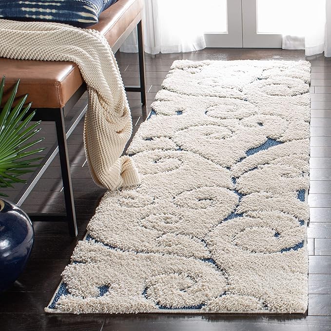 SAFAVIEH Florida Shag Collection Runner Rug - 2'3" x 19', Cream & Blue, Scroll Design, Non-Shedding & Easy Care, 1.2-inch Thick Ideal for High Traffic Areas in Living Room, Bedroom (SG455-1165)