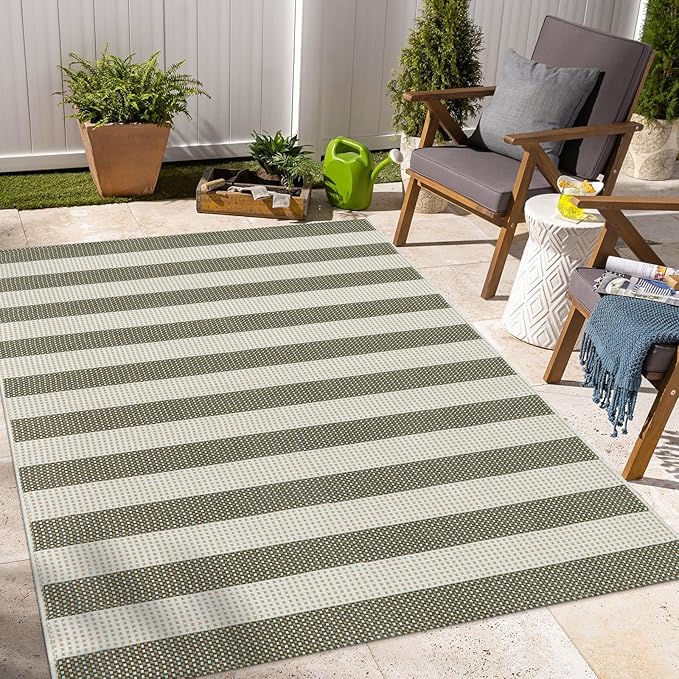 OJIA Striped Outdoor Area Rug 4'x6' Washable Patio Rugs Cotton Woven Living Room Rug Farmhouse Indoor Outdoor Rugs Large Floor Carpet for Courtyard/Bedroom/Entryway (Green/White/Tan)