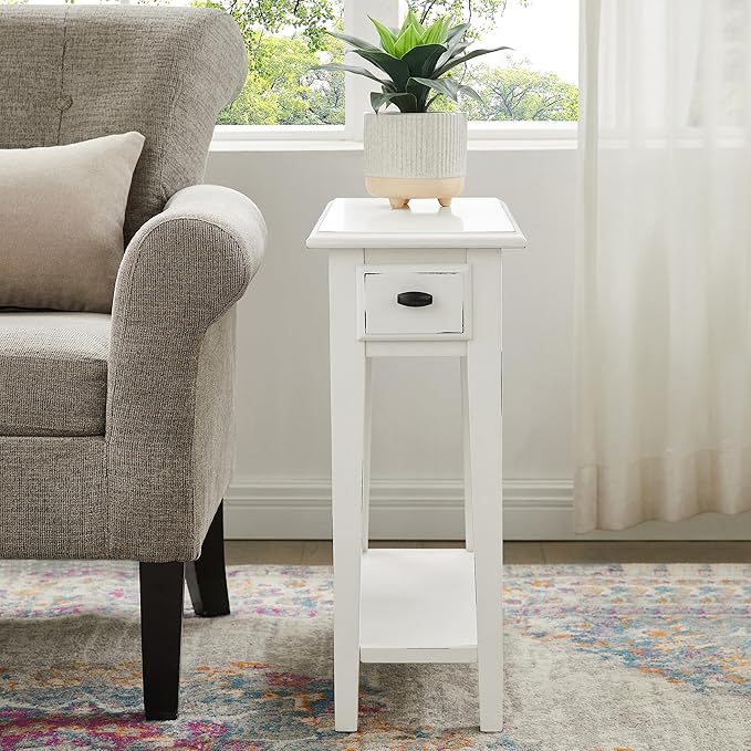 Haven Ridge Narrow End Table, Solid Wood Side Table with Drawer and Shelf, Farmhouse White, Perfect for Living Rooms, Bedrooms, and Small Spaces – Leick Home, 214361