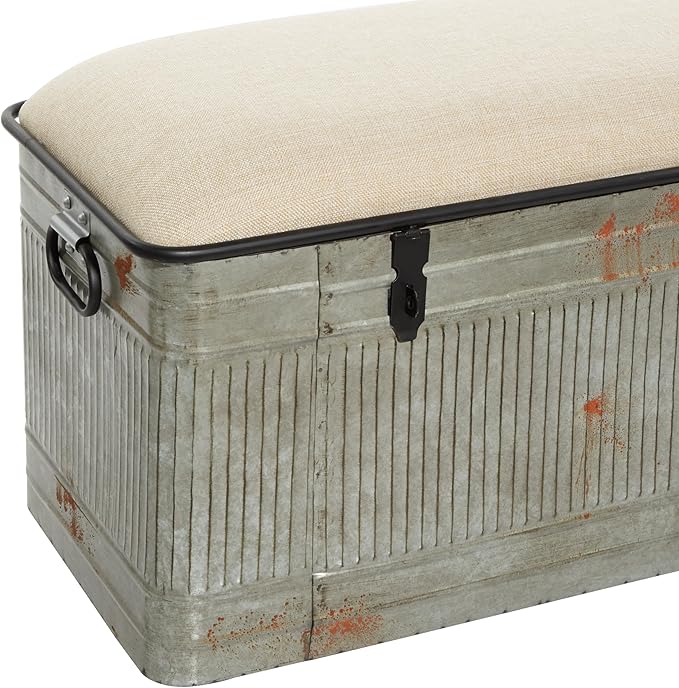 Deco 79 Metal Room Storage Bench Galvanized Entryway Bench with Cream Burlap Top, Bench 50" x 16" x 18", Gray