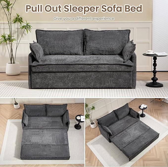 Furnimart 59.5" Queen Size Pull Out Sofa Bed, 3 in 1 Convertible Sleeper Bed with USB/C-Type Charging Ports & Side Pockets, Modern Futon Couch for Living Room, Apartment, RV, Corduroy Dark Grey