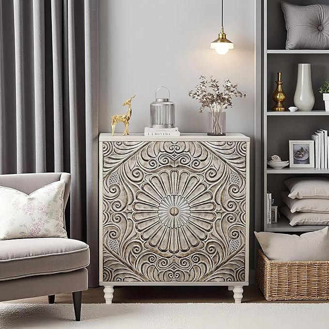 COSIEST 32" W Sideboard Buffet Cabinet with Storage, Accent Cabinet with 2 Push-to-Open Magnetic Doors, Vintage MDF Buffet Table for Living Room, Kitchen, Hallway (Gray,Flower Pattern)