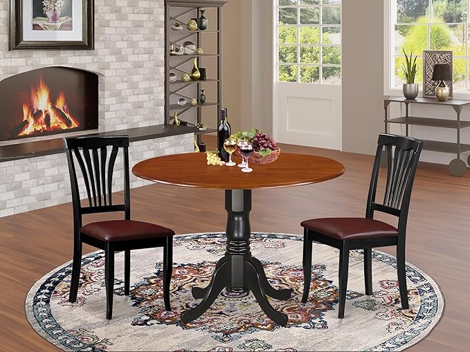 East West Furniture DLAV3-BCH-LC 3 Piece Modern Dining Table Set Contains a Round Wooden Table with Dropleaf and 2 Faux Leather Kitchen Dining Chairs, 42x42 Inch, Black & Cherry