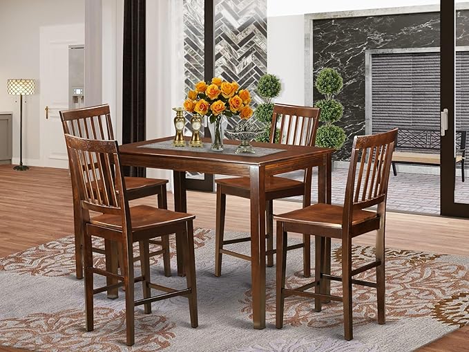 East West Furniture YAVN5-MAH-W 5 Piece Counter Height Dining Set Includes a Rectangle Dinette Table and 4 Kitchen Dining Chairs, 30x48 Inch, Mahogany
