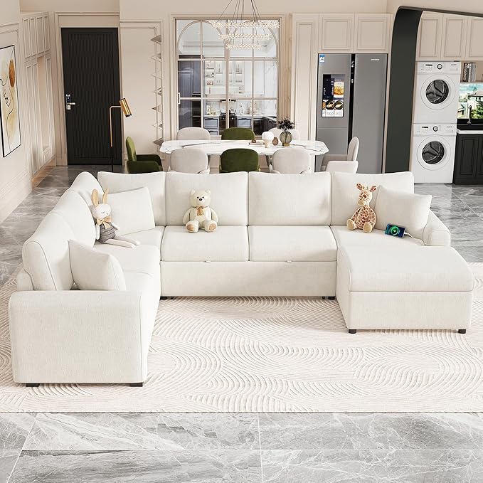 112" Luxurious Pull-out Sofa Bed Sleeper with Storage Ottoman,Sectional Sleeper Couch W/ 3 Pillows,2 USB ports & 2 Power Sockets,Corner Furniture Set for Living Room Large Space,Cream Chenille