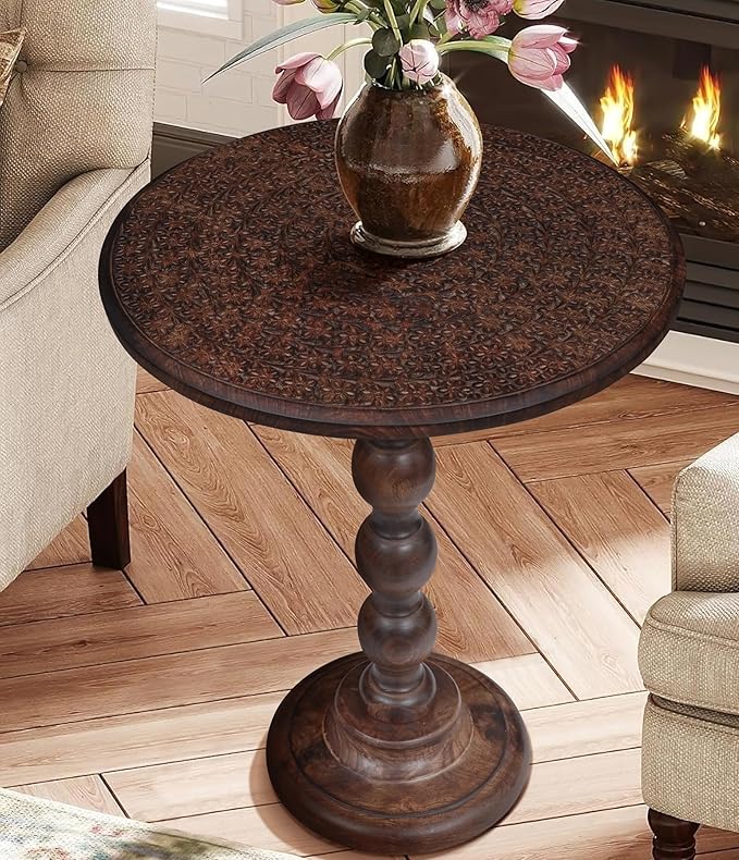 Side Tables Round – Small Drink Table for Small Spaces, Modern Accent Nightstand with Hand-Carved Top & Solid Wood Tables for Living Room, Bedroom, Office – Scorch Burnt Finish_18x22 Scorch Burnt