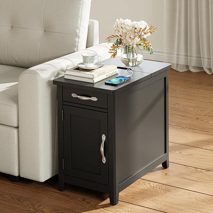 LINSY HOME End Table Set of 2 with Charging Station, Modern Farmhouse Sofa Couch Side Table, Wooden Bedside Table for Living Room Bedroom, Narrow Nightstand with Storage for Small Space, Black