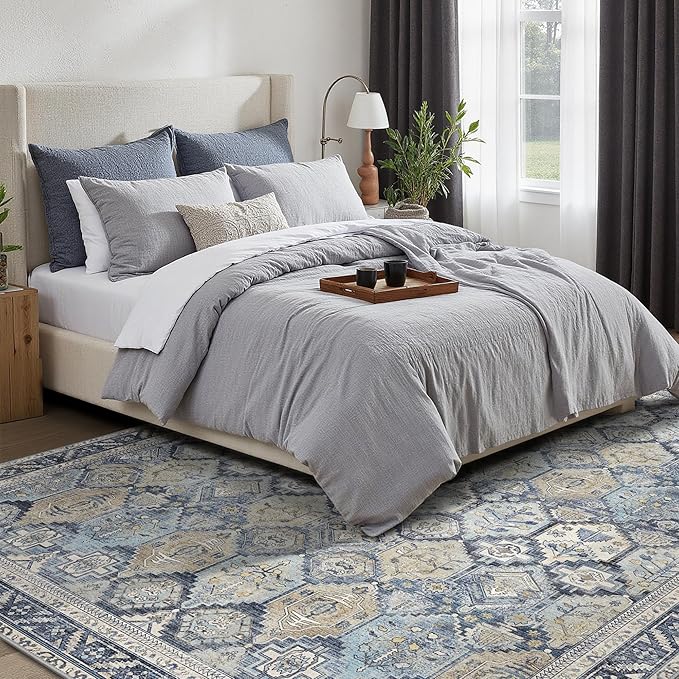 GENIMO 8x10 Area Rugs for Living Room, Machine Washable Non Slip Vintage Rugs, Low Pile Lightweight Chenille Print Rug for Bedroom, Dining Room, Home Office, Brown Blue