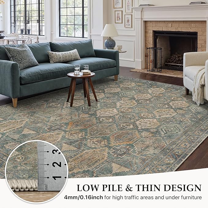 GENIMO 2x5 Runner Rugs for Hallway, Machine Washable Non Slip Vintage Rugs, Low Pile Lightweight Soft Print Rug for enrtyway, Corridor, Home Office, Kitchen, Sage Teal
