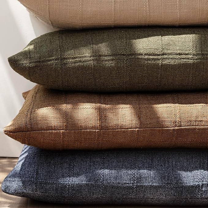 Foindtower Set of 2 Decorative Linen Check Throw Pillow Covers Neutral Farmhouse Vintage Cushion Covers Modern Boho Home Decor for Sofa Chair Couch Bedroom Living Room Outdoor,24×24 Inch,Brick