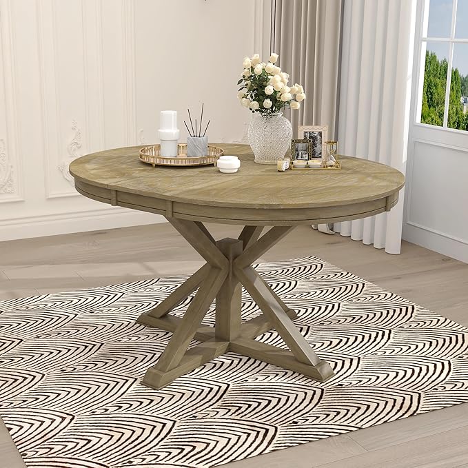Retro Style Round Dining Table with 12" Removable Leaf for Kitchen/Living Room, Space-saving Solid Wood Tabletop Extendable Circular to Oval (42" to 54") with X-shaped Base Legs for Apartment Bistro