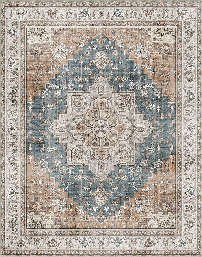 GENIMO 5x8 Area Rugs for Living Room, Machine Washable Low Pile Rugs, Chenille Non Alip Vintage Rug for Bedroom, Dining Room, Home Office, Blue Brown