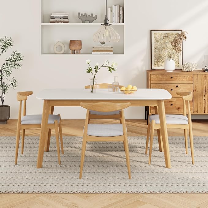 5-Piece Dining Set, Mid-Century Modern Solid Wood Table & Chair Set for 4, Kitchen, Dining Room, Restaurant, Natural Oak+Beige