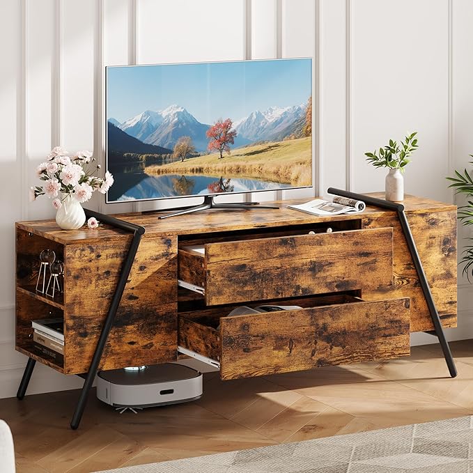 GarveeHome TV Stand for 47 Inch TV, Entertainment Center with 2 Drawers, Adjustable Shelves, U-Shaped Metal Legs, Farmhouse Wooden TV Console for Living Room, Bedroom, Amber Oak