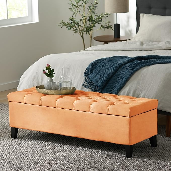 Christopher Knight Home Gloust Velvet Storage Ottoman, Upholstered Rectangular Storage Bench, Living Room Seating, Tufted BottonFoot Rest Stool for Home Office, Entryway and Bedroom, Orange