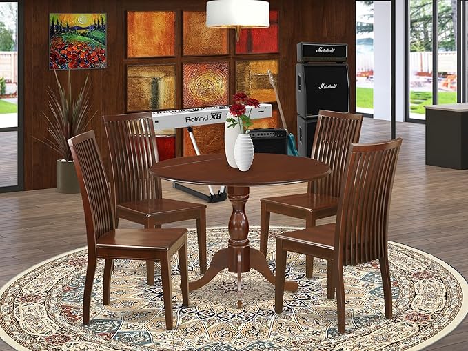 East West Furniture DMIP5-MAH-W 5 Piece Dining Table Set for 4 Includes a Round Kitchen Table with Dropleaf and 4 Kitchen Dining Chairs, 42x42 Inch, Mahogany