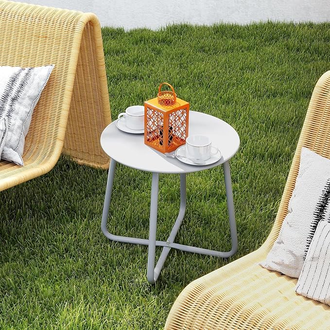 HollyHOME Round Metal Side Table, Rust-Resistant Patio Small Plant Stand, Outdoor 17.32'' Portable End Table for Balconies, Gardens, Living Rooms and Bedrooms, Grey
