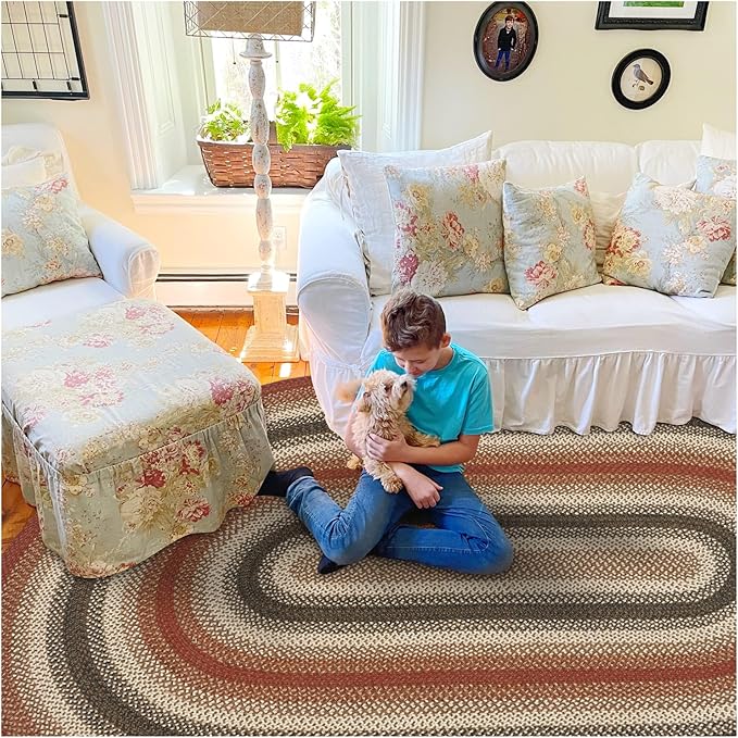 Homespice Chester Rustic Braided Rug 6x9' Oval in Red, Perfect for a Country Style Dining Room Rug