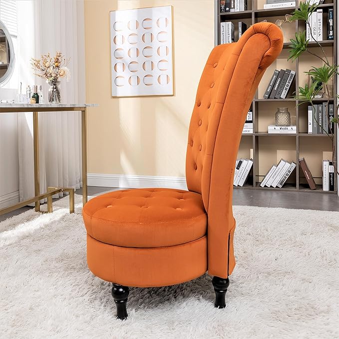 Container Furniture Direct Royal High-Back Velvet Accent Chair for Vanity with Storage and Luxurious Upholstery, Retro Design and Versatile Usage for Livingroom, Bedroom, Lounge and Office, Red Orange