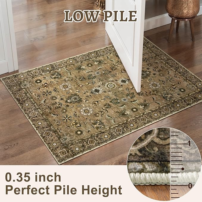 Tangsoo Vintage Floral Rug 2x3 Washable Rugs for Entryway, Small Area Rug, Non-Slip for Front Door, Brown Accent Rug Doormat, Soft Low Pile for Indoor Entrance Kitchen Bedroom