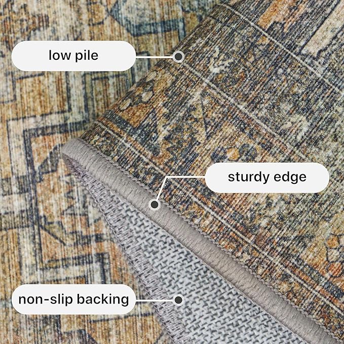 GENIMO 9x12 Area Rugs for Living Room, Machine Washable Non Slip Vintage Rugs, Low Pile Lightweight Chenille Print Rug for Bedroom, Dining Room, Home Office, Warm Taupe