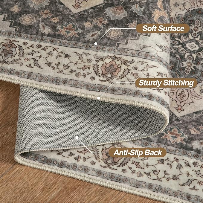 Tangsoo 2x3 Washable Rugs for Entryway, Vintage Non Slip Small Area Rug, Indoor Front Door Rug, Door Mat Small Carpet, Soft Low Pile Entry Rug for Entrance Kitchen Bedroom Print Distressed Grey/Brown