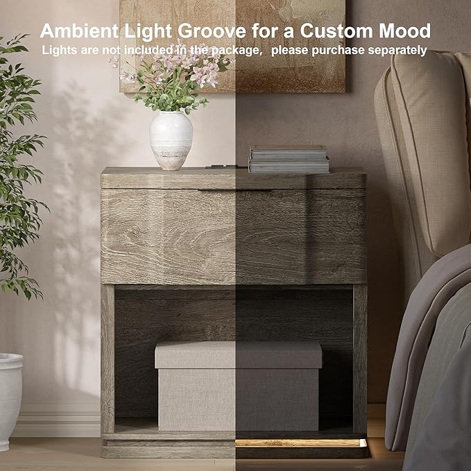 Night Stand with Charging Station, Wooden Mid Century Modern Nightstand with Drawer, Bed Side Table with Storage, Large Rustic Farmhouse End Tables for Bedroom Living Room Office