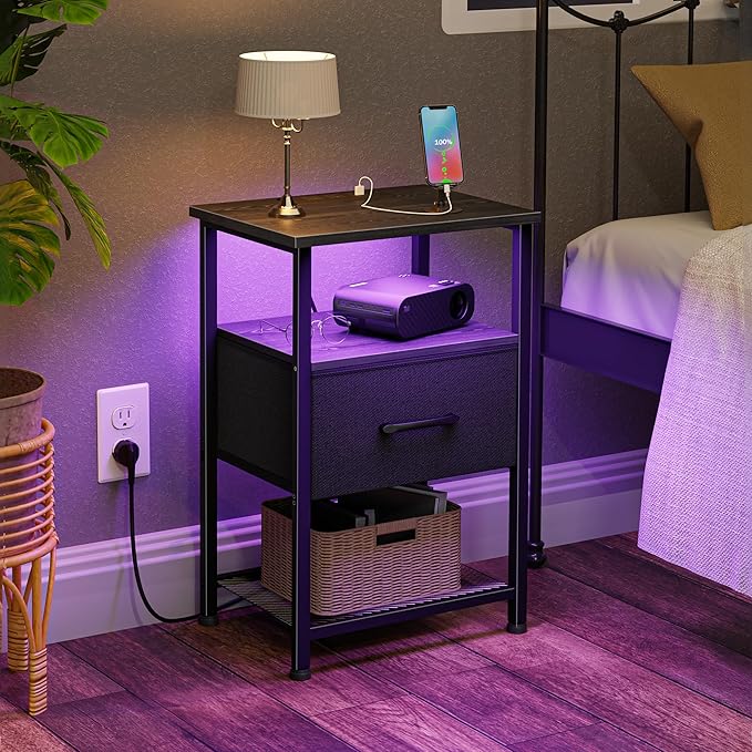 Nightstands Set of 2 with Charging Station and Drawer, End Table Bedside Table with 20 Colors LED Light Strip and 2 Layers Shelf for Bedroom Living Room Sofa Couch (Black)