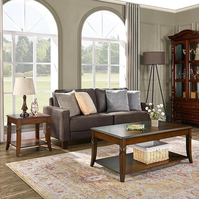 Solid Wood Coffee Table with Storage Shelf, Rectangle Coffee Table for Living Room, Mid-Century Living Room Table with Curved Legs, Large Countertop Cocktail Center Table, Cherry Walnut KFZ-DR200