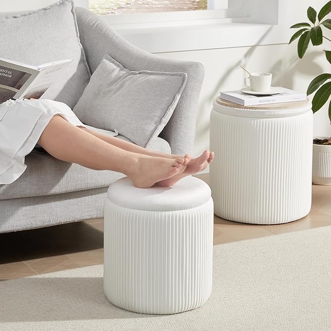 Round Ottoman with Storage Set of 2,Vanity Stool with Storage for Bedroom, Ottoman Coffee Table,Small Velvet Foot Stool for Living Room, White