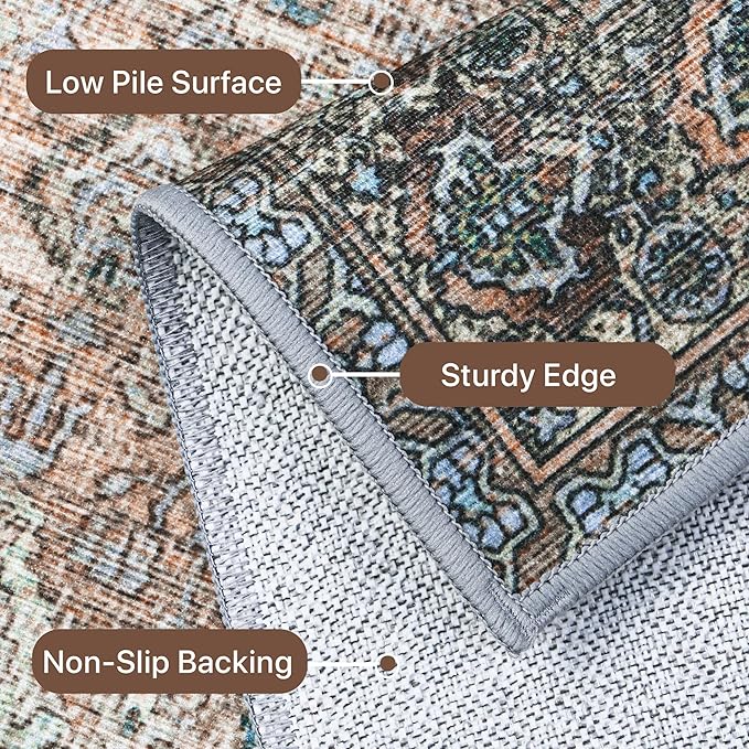 8X10 Area Rugs Machine Washable Rugs for Living Room, Vintage Boho Large Rugs for Bedroom Dining Room, Non Slip Indoor Soft Distressed Lightweight Thin Low Pile Carpet, Vintage Sunset