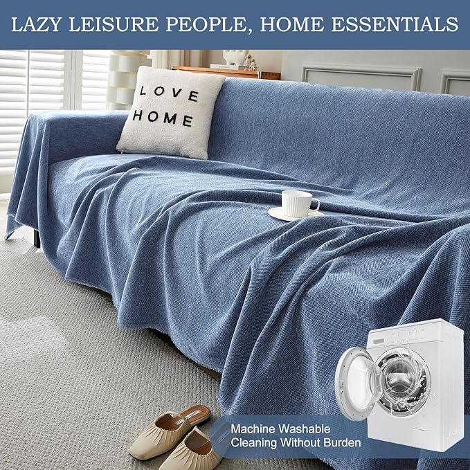 STACYPIK Stylish Blue Sofa Cover Chenille Herringbone Couch Covers for 3 Cushion Couch Cat Scratches Couch Covers for Sectional Sofa Pet Protector Futon Loveseat Cover Multi-Use Throw Blanket-71x150IN