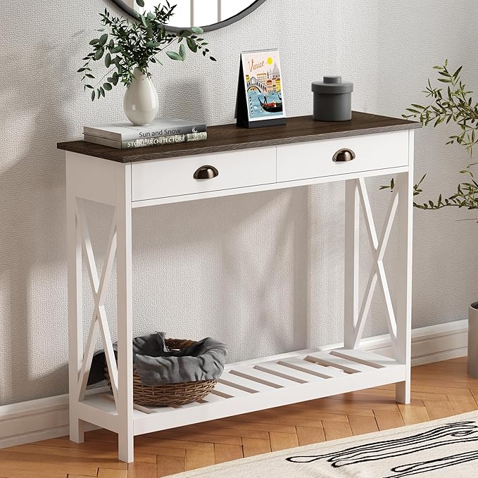 ChooChoo Farmhouse Console Table with Drawer for Entryway, Narrow Long Entry Table with Shelf for Living Room, Rustic Vintage Hallway Sofa Table with Stable X Supports, 40 White