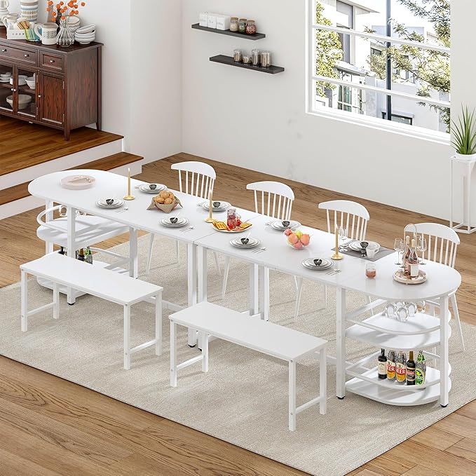 soges Dining Table for 4-6 Person, 71 inch Long Kitchen Dining Table for Living Room and Dining Room, Dinner Table with Storage Shelf & Cup Holder, Metal Legs(Only Table), White