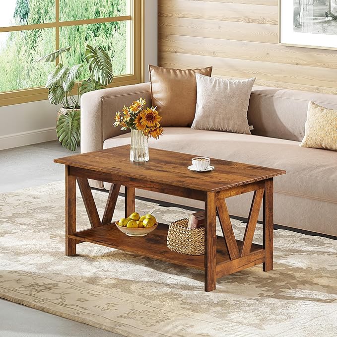 WLIVE Coffee Table with Storage Shelf, 39.4" Farmhouse Coffee Table with V-Frame Support, 2-Tier Wood Rustic Center Table for Living Room, Bedroom & Balcony, Rustic Brown