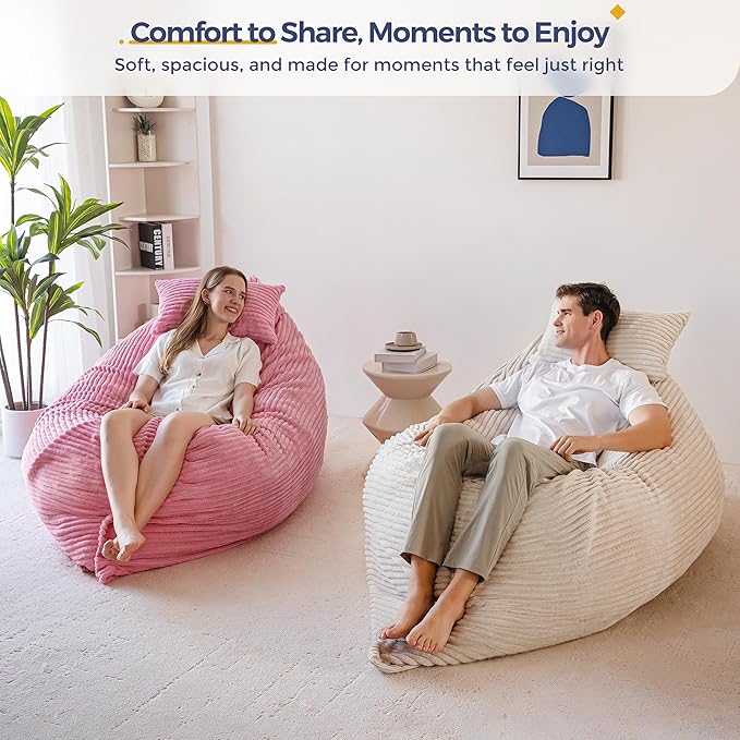 MAXYOYO Giant Bean Bag Chair with Pillow, 3 in 1 Convertible Bean Bag Chair for Adults with Washable Cover, Removable Floor Cushion Stuffed Floor Lounger for Living Room Bedroom, Pink, Queen