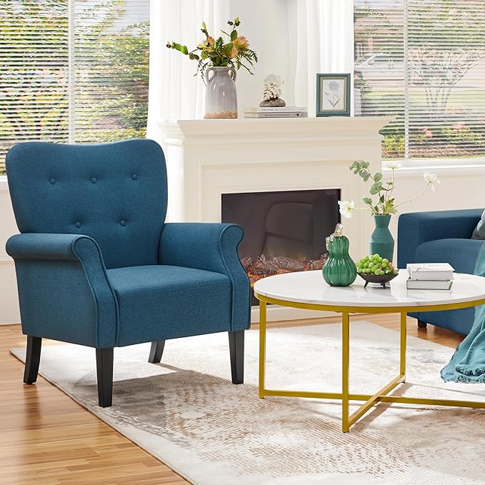 Yaheetech Modern Armchair, Mid Century Accent Chair with Sturdy Wood Legs and High Back for Small Space, Upholstered Fabric Sofa Club Chair for Living Room/Bedroom/Office, Navy Blue